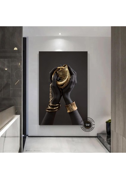 Afrikalı Kadın Kanvası, Altın ve Siyah Renklerde Dikey Kadın Portresi, El Temalı Sanat indirimleri