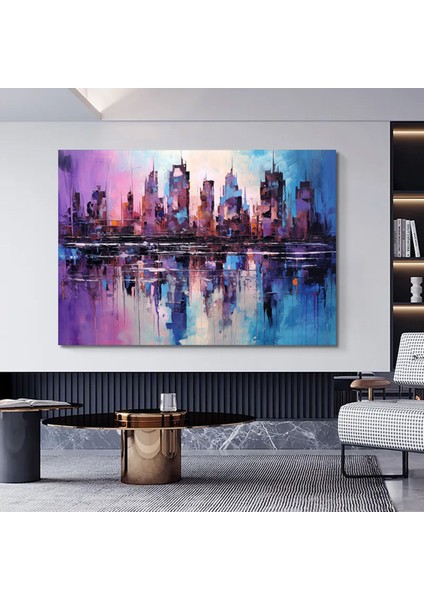 Mor ve Mavi Soyut Şehir Manzarası, Soyut Kanvas Baskı