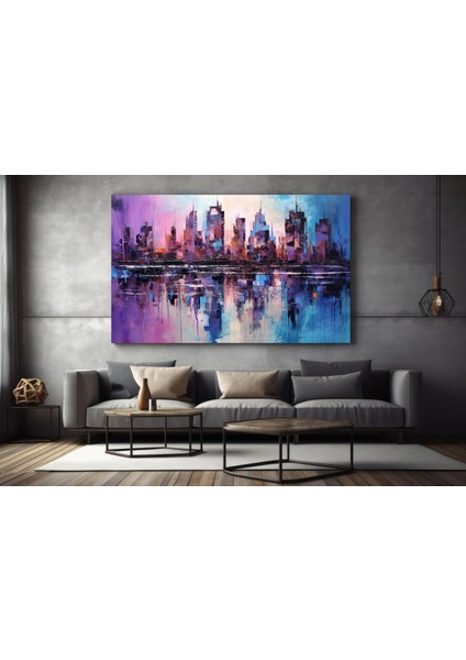 Mor ve Mavi Soyut Şehir Manzarası, Soyut Kanvas Baskı indirimleri