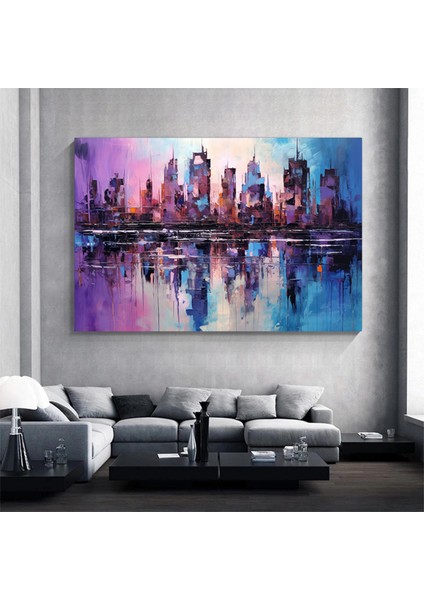 Mor ve Mavi Soyut Şehir Manzarası, Soyut Kanvas Baskı