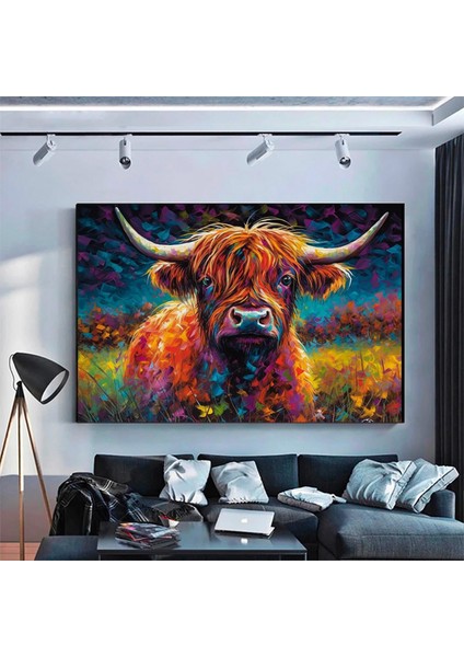 Renkli Boyanmış Iskoç Dağ Ineği Sanatı, Ev Dekoru Için Kanvas Baskı