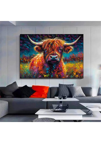 Renkli Boyanmış Iskoç Dağ Ineği Sanatı, Ev Dekoru Için Kanvas Baskı fiyatları