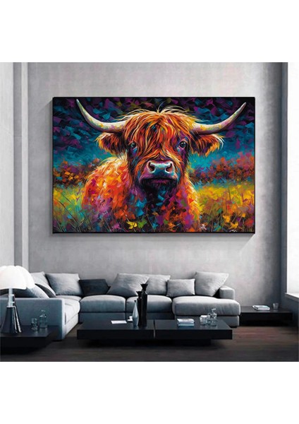 Renkli Boyanmış Iskoç Dağ Ineği Sanatı, Ev Dekoru Için Kanvas Baskı fırsatları