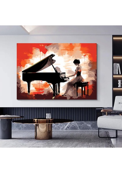 Piyano Çalan Kadın Kanvası, Renkli Müzik Temalı Ev Dekoru
