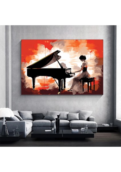 Piyano Çalan Kadın Kanvası, Renkli Müzik Temalı Ev Dekoru