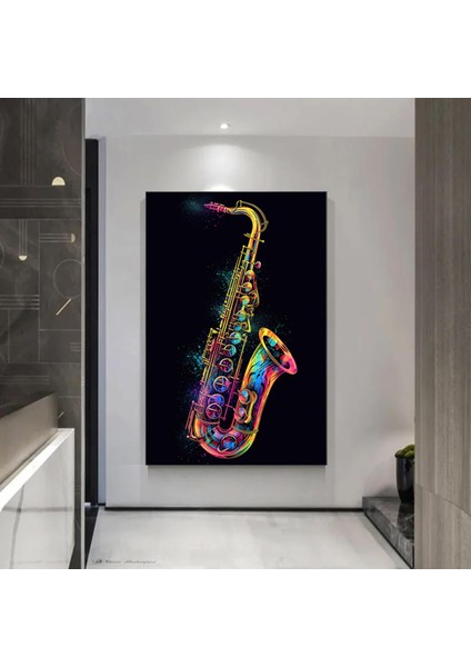 Gökkuşağı Renkli Saksafon Kanvası, Renkli Müzik Temalı Duvar Dekoru fiyatları