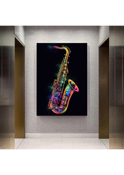 Gökkuşağı Renkli Saksafon Kanvası, Renkli Müzik Temalı Duvar Dekoru modelleri