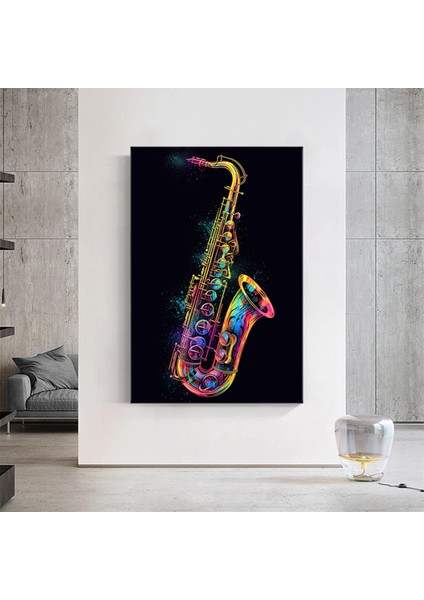 Gökkuşağı Renkli Saksafon Kanvası, Renkli Müzik Temalı Duvar Dekoru fırsatları