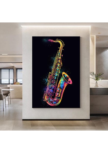 Gökkuşağı Renkli Saksafon Kanvası, Renkli Müzik Temalı Duvar Dekoru