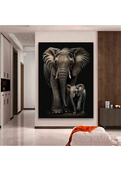 Fil ve Yavru Fil Ailesi Kanvas Sanatı; Hayvan Temalı Duvar Dekoru