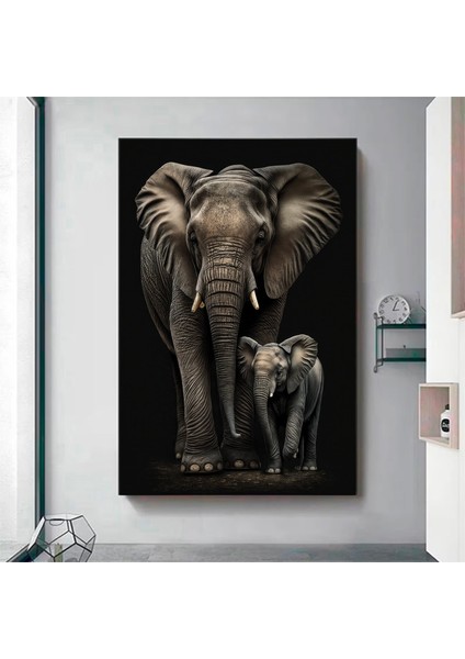 Fil ve Yavru Fil Ailesi Kanvas Sanatı; Hayvan Temalı Duvar Dekoru modelleri