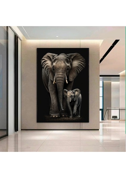 Fil ve Yavru Fil Ailesi Kanvas Sanatı; Hayvan Temalı Duvar Dekoru fırsatları