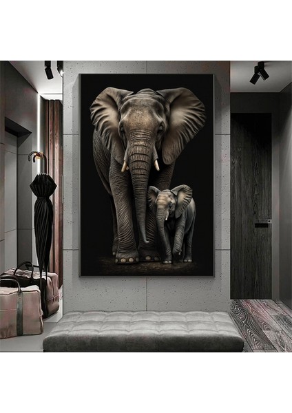 Fil ve Yavru Fil Ailesi Kanvas Sanatı; Hayvan Temalı Duvar Dekoru indirimleri