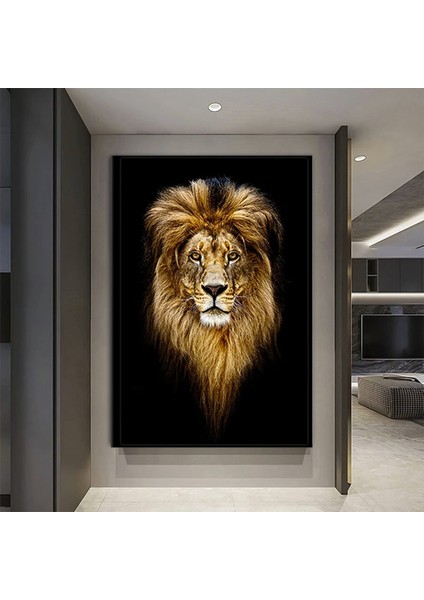 Aslan Portresi Kanvas Duvar Sanatı; Siyah Fon Aslan Tablosu; Siyah-Sarı Kanvas Baskı; Erkek Aslan Od