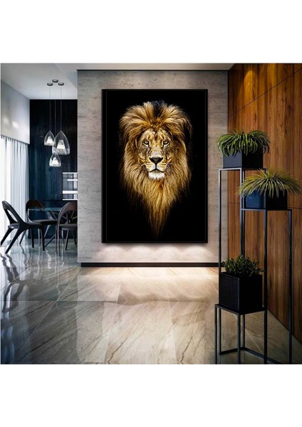 Aslan Portresi Kanvas Duvar Sanatı; Siyah Fon Aslan Tablosu; Siyah-Sarı Kanvas Baskı; Erkek Aslan Od fiyatları