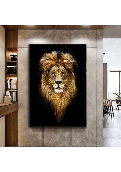 Aslan Portresi Kanvas Duvar Sanatı; Siyah Fon Aslan Tablosu; Siyah-Sarı Kanvas Baskı; Erkek Aslan Od fırsatları