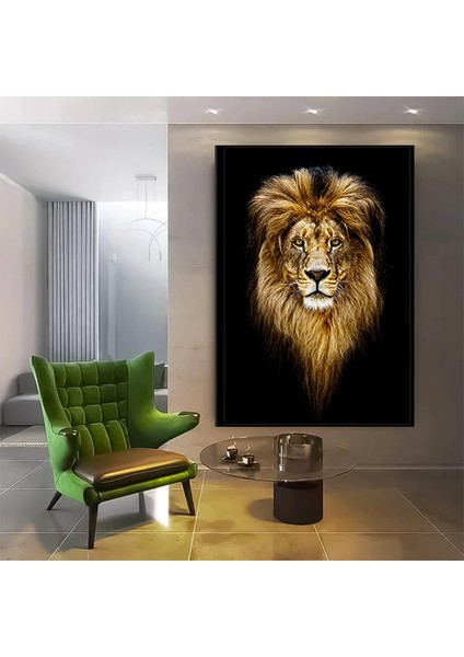 Aslan Portresi Kanvas Duvar Sanatı; Siyah Fon Aslan Tablosu; Siyah-Sarı Kanvas Baskı; Erkek Aslan Od indirimleri