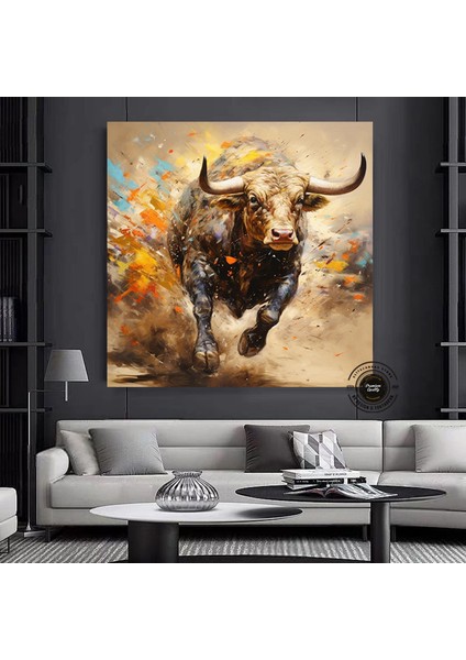 Boğa Kanvas Tablosu – Altın & Siyah Saldıran Boğa – Finans Bölgesi Ev & Ofis Dekoru