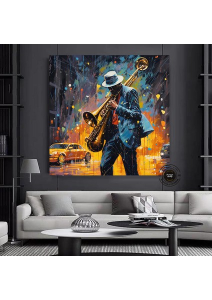 Saksafoncu Renkli Tablo Stili Kanvas Baskı; Caz Graffiti Sanatı; Caz Duvar Sanatı; Sokak Sanat Müzis