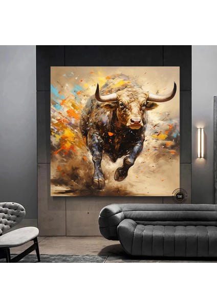 Boğa Kanvas Tablosu – Altın & Siyah Saldıran Boğa – Finans Bölgesi Ev & Ofis Dekoru modelleri