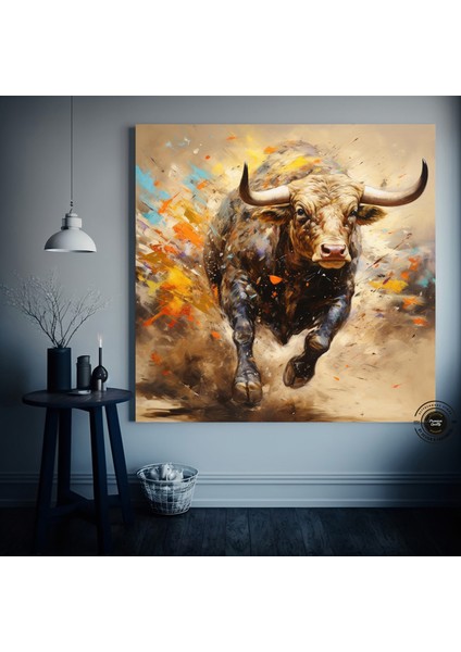Boğa Kanvas Tablosu – Altın & Siyah Saldıran Boğa – Finans Bölgesi Ev & Ofis Dekoru fırsatları