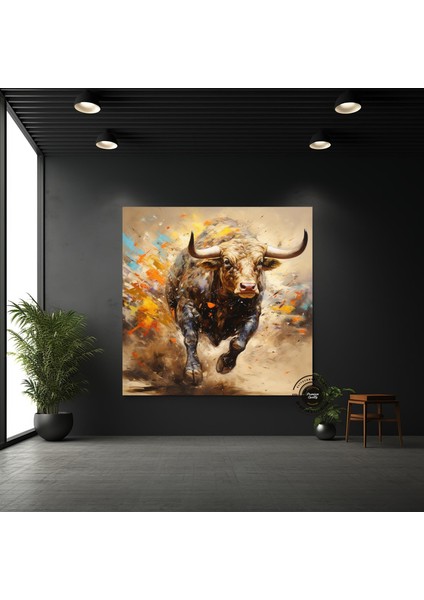 Boğa Kanvas Tablosu – Altın & Siyah Saldıran Boğa – Finans Bölgesi Ev & Ofis Dekoru