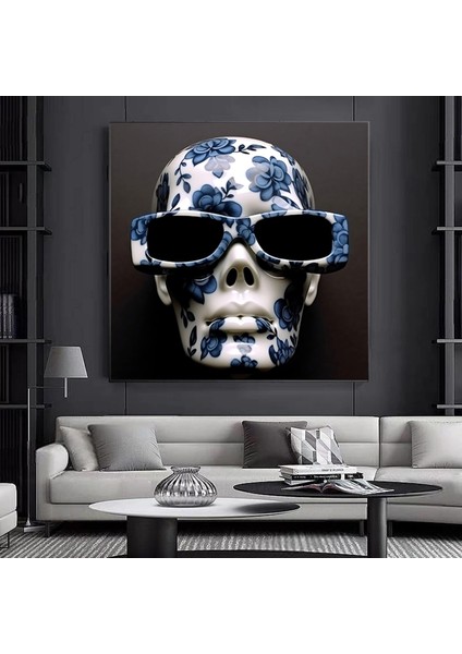 Gözlük Takmış Kafatası ve Mavi Çiçekli Baş Kanvas Baskısı, Kafatası Duvar Sanatı