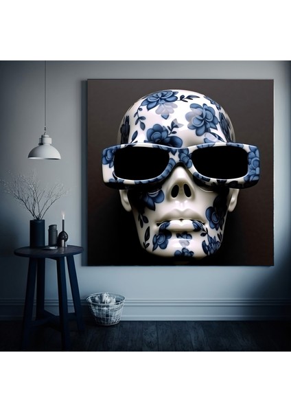 Gözlük Takmış Kafatası ve Mavi Çiçekli Baş Kanvas Baskısı, Kafatası Duvar Sanatı fiyatları