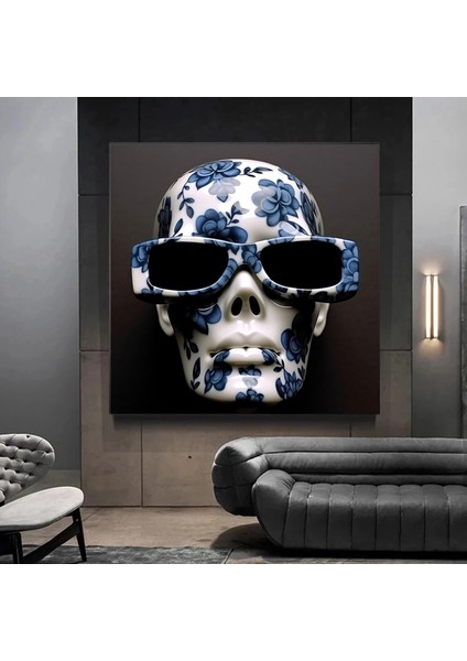 Gözlük Takmış Kafatası ve Mavi Çiçekli Baş Kanvas Baskısı, Kafatası Duvar Sanatı modelleri