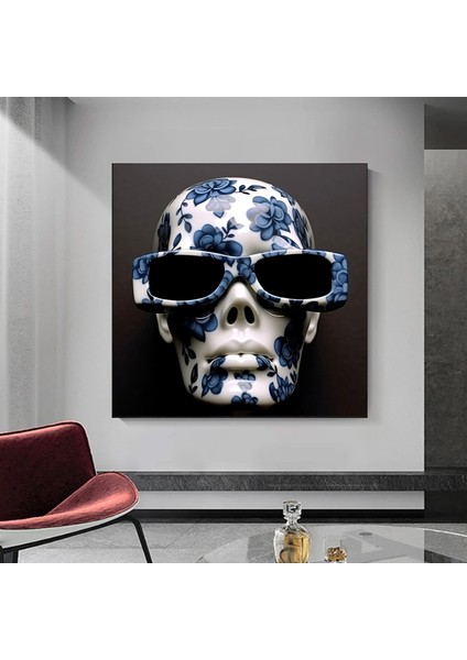 Gözlük Takmış Kafatası ve Mavi Çiçekli Baş Kanvas Baskısı, Kafatası Duvar Sanatı fırsatları