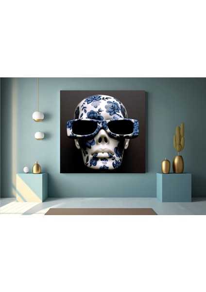Gözlük Takmış Kafatası ve Mavi Çiçekli Baş Kanvas Baskısı, Kafatası Duvar Sanatı indirimleri