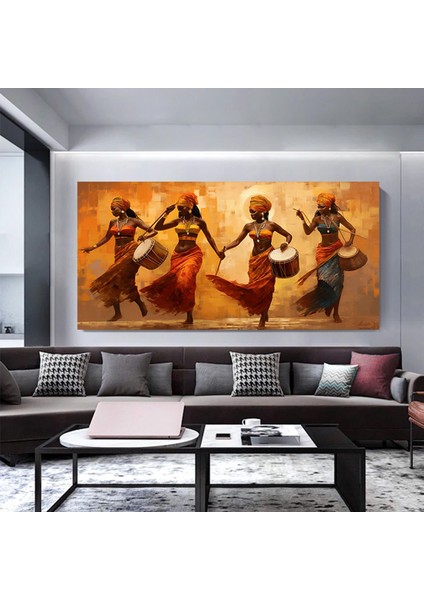 Renkli Afrikalı Kızlar ve Müzisyenler Kanvas – Etnik Müzik ve Dans Teması; Afrikalı Kızlar Stili