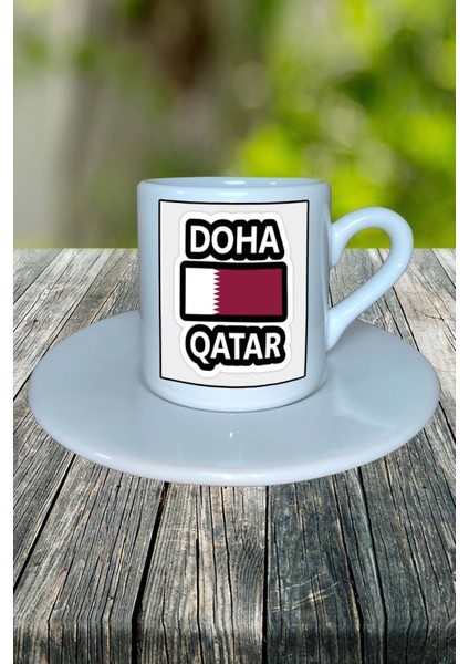 Katar Ülke Bayrağı Bayrak Baskılı Türk Kahvesi Fincanı Tabaklı Kişiye Özel Model 2