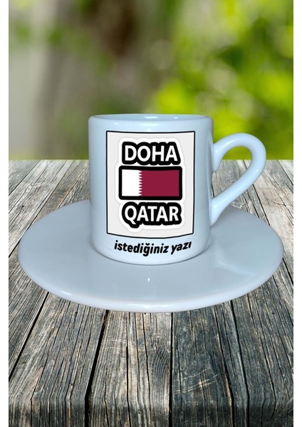 Katar Ülke Bayrağı Bayrak Baskılı Türk Kahvesi Fincanı Tabaklı Kişiye Özel Model 2 fiyatları