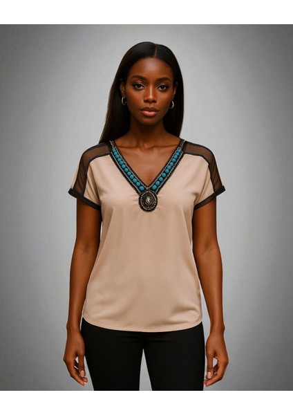 Wanda Omuz Tül Detay Ithal Yaka Krep Bluz