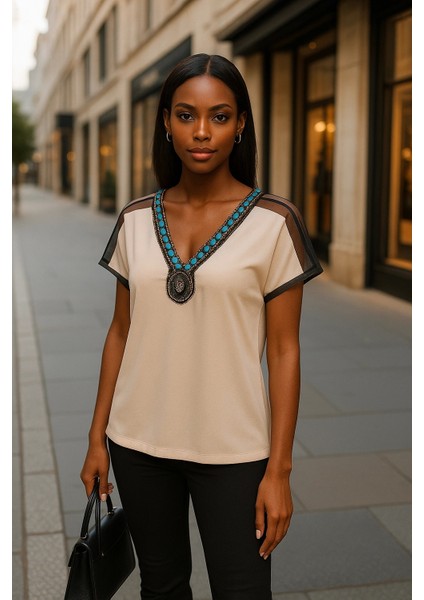 Wanda Omuz Tül Detay Ithal Yaka Krep Bluz fiyatları