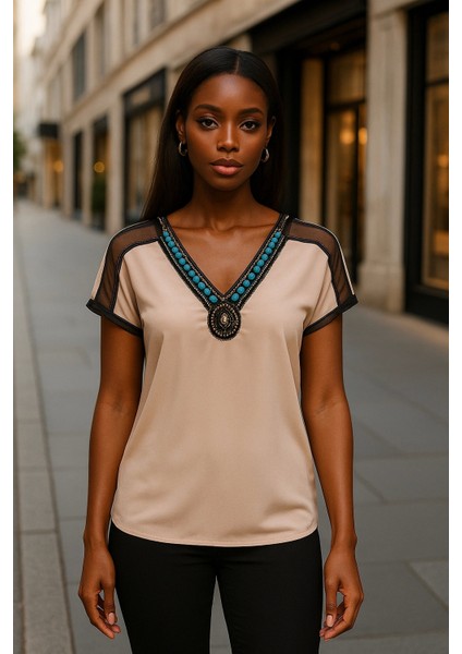 Wanda Omuz Tül Detay Ithal Yaka Krep Bluz modelleri