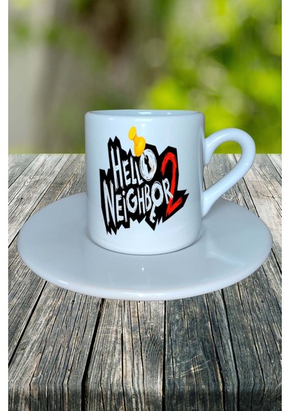 Hello Neighbor Mobil Oyun Baskılı Türk Kahvesi Fincanı Tabaklı Kişiye Özel Model 1