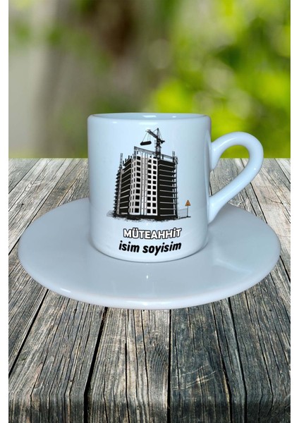 Müteahhit Meslek Baskılı Türk Kahvesi Fincanı Tabaklı Kişiye Özel Model 4