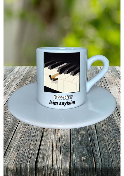 Piyanist Meslek Baskılı Türk Kahvesi Fincanı Tabaklı Kişiye Özel Model 4