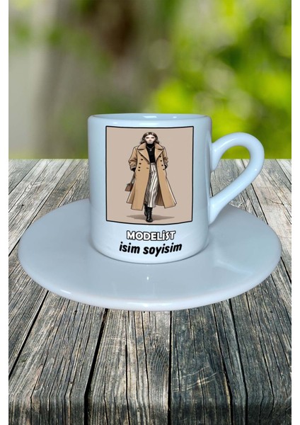 Modelist Meslek Baskılı Türk Kahvesi Fincanı Tabaklı Kişiye Özel Model 7