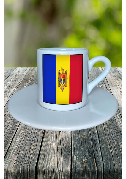 Moldova Ülke Bayrağı Bayrak Baskılı Türk Kahvesi Fincanı Tabaklı Kişiye Özel Model 2