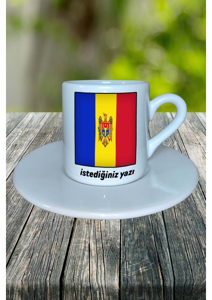 Moldova Ülke Bayrağı Bayrak Baskılı Türk Kahvesi Fincanı Tabaklı Kişiye Özel Model 2 fiyatları