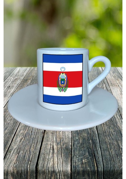 Kostarika Ülke Bayrağı Bayrak Baskılı Türk Kahvesi Fincanı Tabaklı Kişiye Özel Model 1