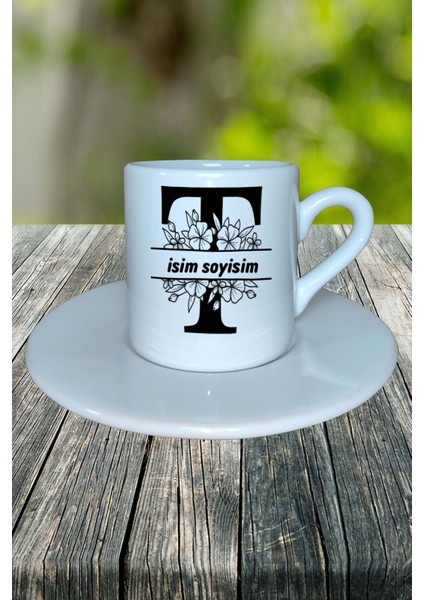 T Harfi Isimli Çiçekli Yeniyıl Isimli Baskılı Türk Kahvesi Fincanı Kişiye Özel Model 24