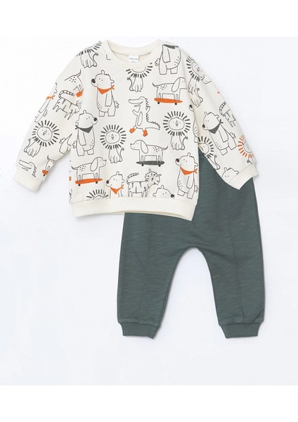 Lcw Baby Ekru Bisiklet Yaka Baskılı Erkek Bebek Sweatshirt ve Eşofman Alt 2'li