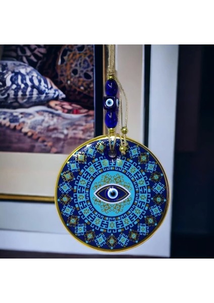 Yaldızlı Turkuaz Renkli Göz Modelli Nazar Boncuklu Duvar Süsü Cam Duvar Dekoru