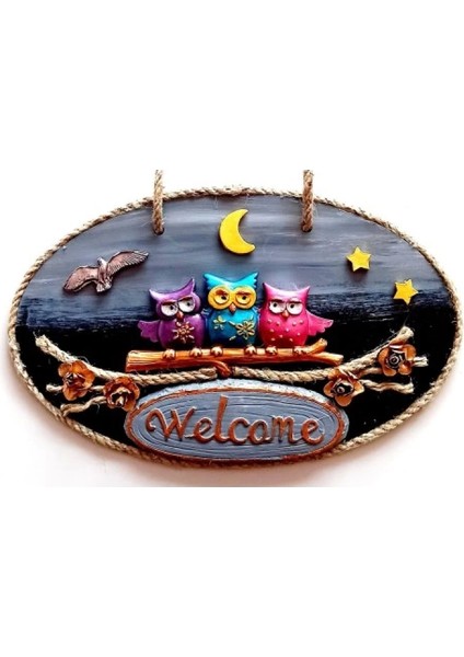 Renkli Baykuşlu Welcome Yazılı El Yapımı Kapı Süsü