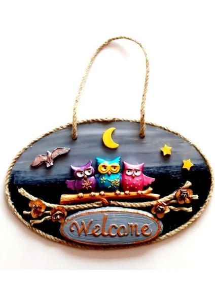 Renkli Baykuşlu Welcome Yazılı El Yapımı Kapı Süsü fiyatları