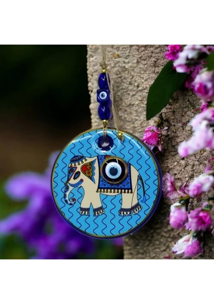 Yaldızlı Fil Modelli Nazar Boncuklu Duvar Süsü Mavi Camlı Duvar Dekoru modelleri